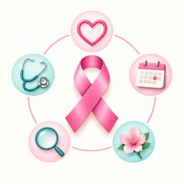 Pink ribbon breast cancer awareness symbol with medical and care icons