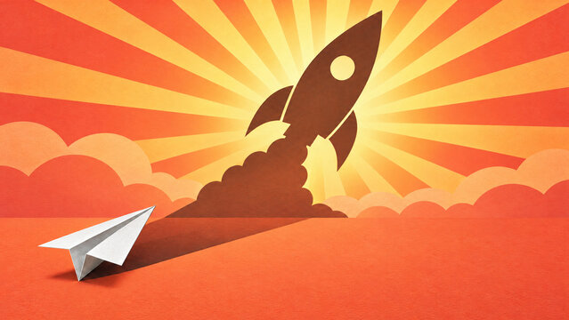 Paper airplane casting a flying rocket shadow on an orange background