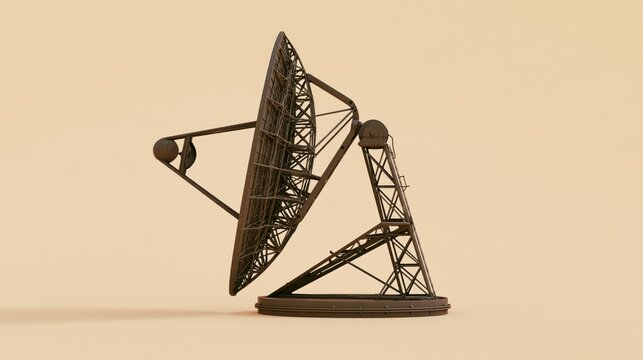 A precise technical product illustration style view of a vintage military tracking radar and parabolic communications array structure angled against a solid warm beige background