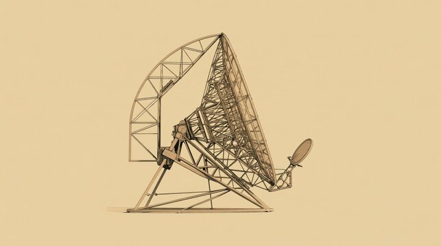 A precise technical product illustration style view of a vintage military tracking radar and parabolic communications array structure angled against a solid warm beige background