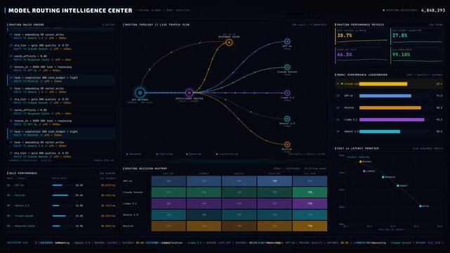 Experience a cutting-edge 4K animated model routing dashboard showcasing intelligent traffic flow optimization with dynamic visuals and real-time decision-making metrics.
