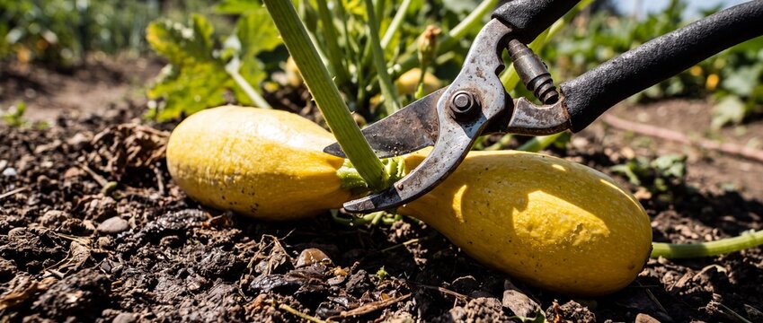 Garden shears cutting yellow summer squash from stem on dirt ground for fresh organic vegetable harvesting process in rural farm setting