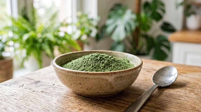 Green Spirulina Powder in Rustic Bowl, a Superfood Dietary Supplement for Wellness, Detox, Plant-Based Protein, Immune Boosting, and Natural Health Blogs, Recipes, and Nutrition Articles