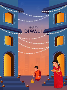 Happy Diwali Indian Festival of lights, celebration background, people lighting diya, fireworks and enjoying sweets vector illustration.