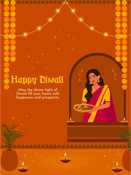 Happy Diwali Indian Festival of lights, celebration background, woman lighting diya at her home vector illustration.