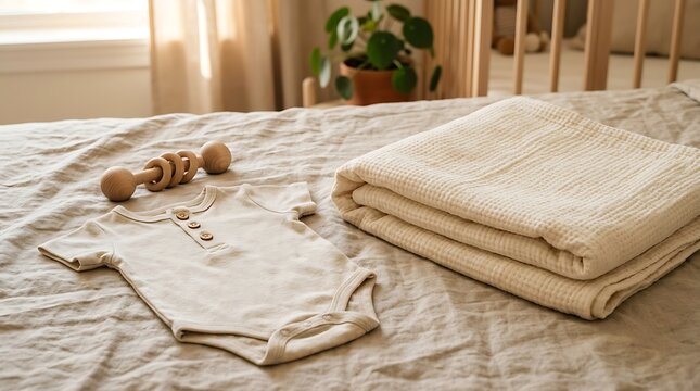 Baby bodysuit and folded blanket on neutral bed linen in a cozy nursery room