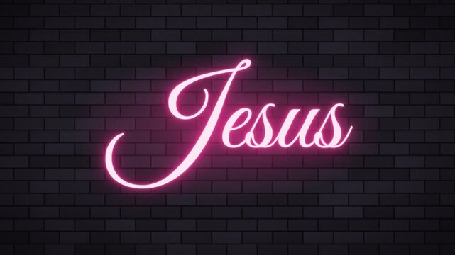 Jesus neon sign glowing pink on a dark brick wall background, representing faith and spirituality