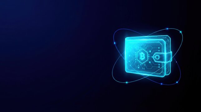 Futuristic glowing blue wireframe digital cryptocurrency wallet in holographic plexus style, symbolizing blockchain innovation and advanced cyber technology on sleek dark gradient background