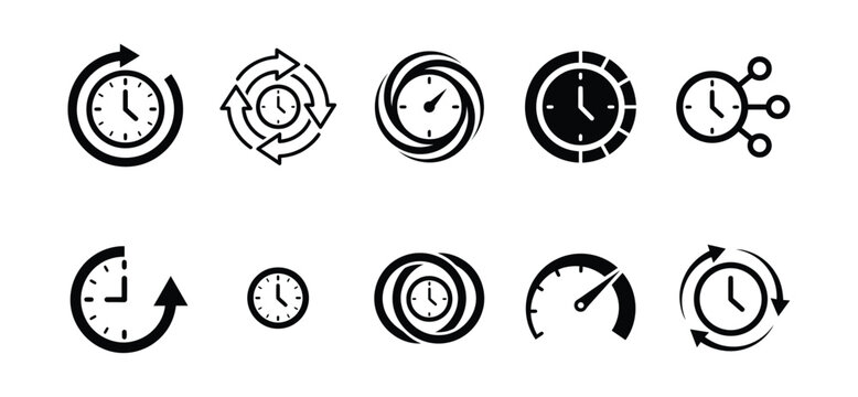 Clock Icons Set: A collection of diverse clock icons representing various time concepts, including circular arrows, speedometers, and interconnected clocks.