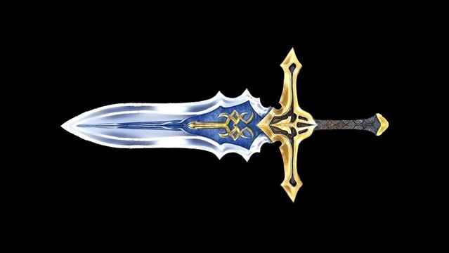 Ornate fantasy sword with blue crystal blade and gold guard isolated on a dark background