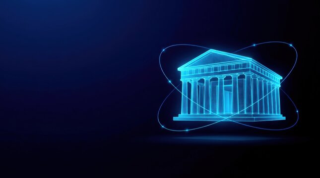 Futuristic glowing blue wireframe temple in digital plexus hologram style, representing innovation, technology, and futuristic architecture on dark gradient background
