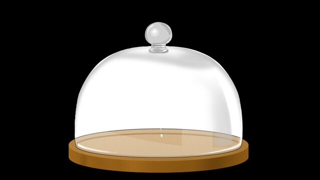 Clean glass cloche on round wooden base isolated on black background for luxury food display.