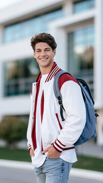 Smiling young man student wearing a varsity jacket and backpack standing on university campus