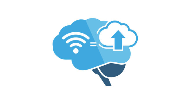 Digital Brain Concept with Cloud Upload and WiFi Icons Representing AI and Data Connectivity