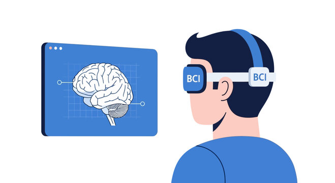 Brain Computer Interface Illustration - Man Wearing BCI Headset and Viewing Brain Scan on Digital Screen, Neurotechnology and Cognitive Science Concept