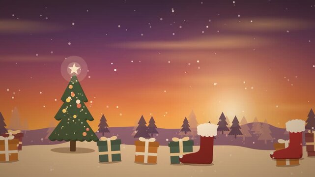 Animated Christmas scene with decorated tree and gift boxes under a starry winter night sky