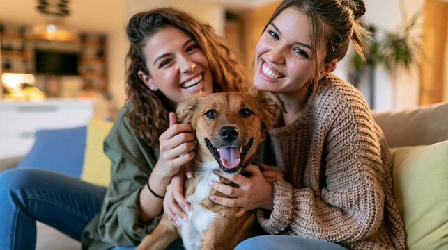 Two happy young women cuddling a cheerful dog on a sofa, enjoying pet companionship and friendship at home