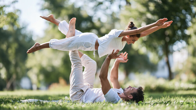 Young couple practicing acro yoga in park, achieving flying pose, showing balance, trust, and teamwork