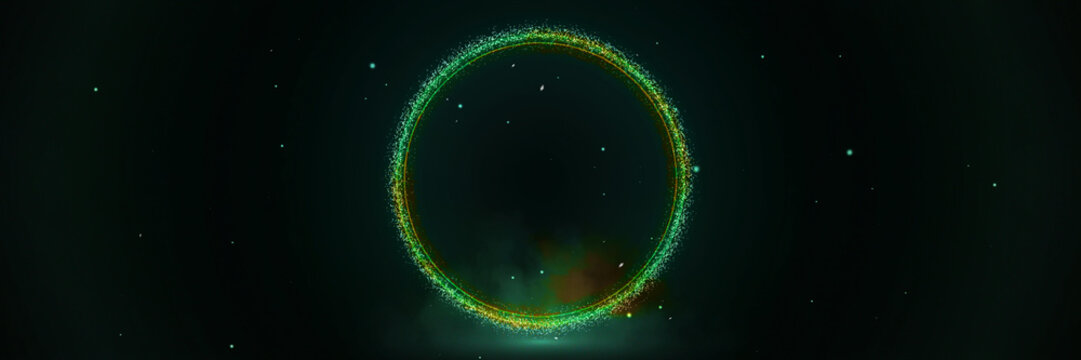 Glowing thin green neon ring with emerald and gold sparkling particles on dark teal background, luminous circular frame with soft green mist and floating stars, magical panoramic banner with copy spac