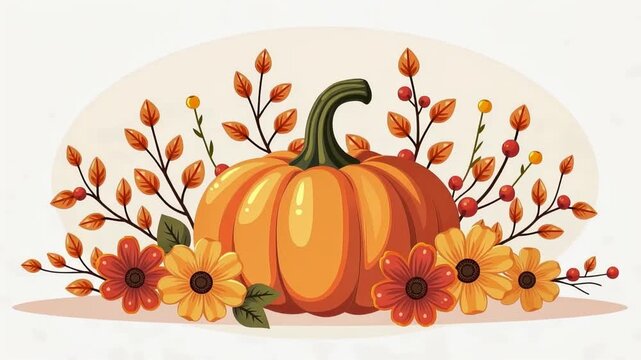 Autumn pumpkin arrangement with flowers, leaves and berries in warm orange hues. illustrated harvest centerpiece across a gentle pan sequence.