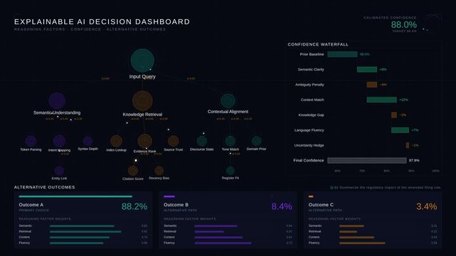 Explore the intricacies of an Explainable AI Decision Dashboard with vibrant visualizations of reasoning factors, confidence levels, and alternative outcomes in a 4K animation.