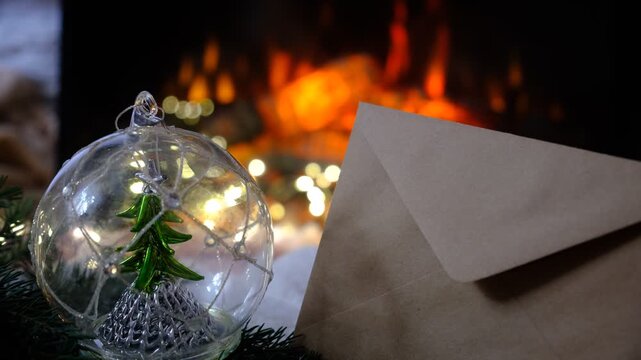 Glass snow globe with miniature Christmas tree. Magic of the holiday season. String lights twinkle gently, casting a golden glow. Fireplace adds comforting warmth and the subtle scent. Merry Christmas