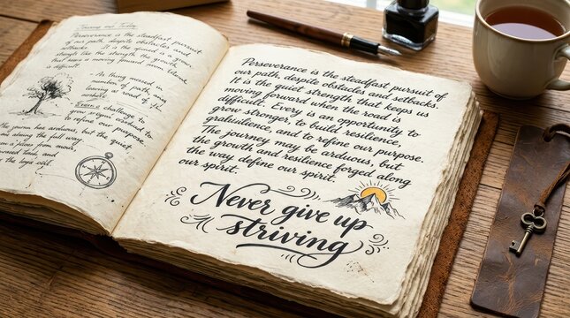 Open antique book with inspirational quotes and drawings, on a wooden desk with writing tools