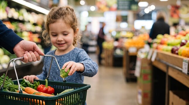 親が持つ買い物カゴへ子供が野菜を丁寧に入れるお手伝いの手元とやわらかくボケる店内の余白背景