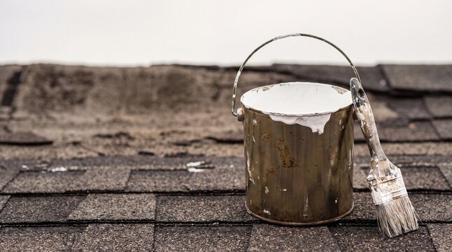 White Roof Coating Bucket on Dark Rooftop for Waterproofing