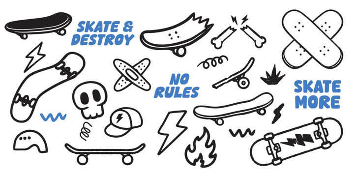 Cool skateboard and gaming doodle vector set for stickers, t-shirts, posters, and other uses.