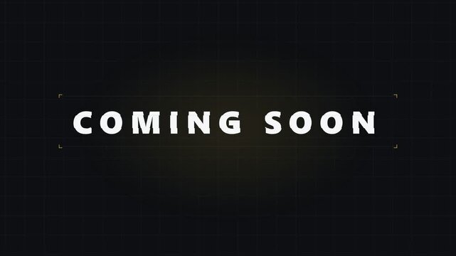 Coming soon, announcement and teaser for product launch, new arrival and film intro. Cinematic, marketing and reveal with digital grid, gold glow and dark backdrop for advertising and promotion