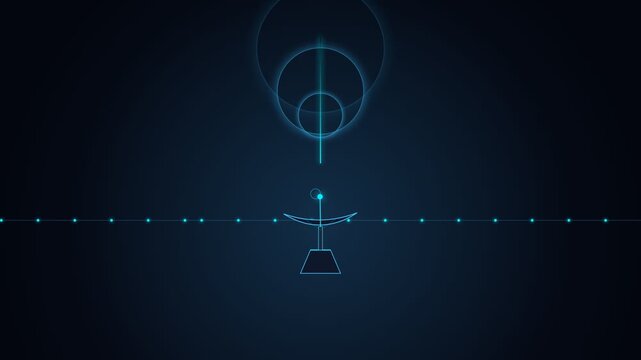 Satellite, communication and signal technology on dark background for transmission, connection and global network. Radar, wireless and futuristic interface with digital antenna and cyber data flow