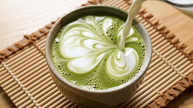 Pouring Steamed Milk Creating Matcha Green Tea Latte Art Pattern in Ceramic Cup on Bamboo Mat