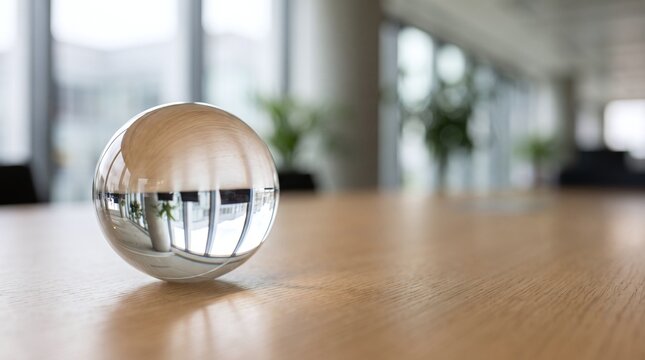 Glass sphere reflecting an office interior on a wooden table glass ball