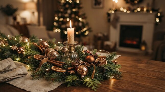 Cozy Christmas candle centerpiece on a decorated festive table with pine branches, golden ornaments, and fairy lights, with a blurred fireplace and glowing holiday tree in the background.