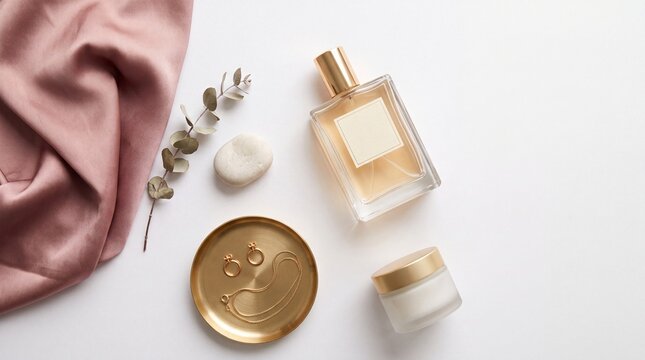 Luxury Perfume Bottle Flat Lay - Elegant Fragrance Display for Beauty Brands