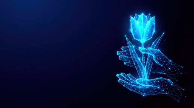 Futuristic glowing blue wireframe tulip flower in digital plexus hologram style, representing innovation and cyber technology on dark gradient background.