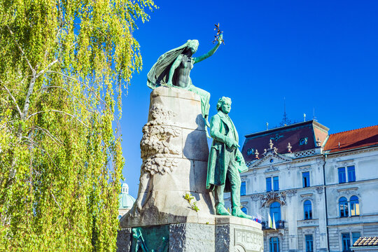 Landmarks and statues on poet France Preseren square in Ljubljana, capital of Slovenia