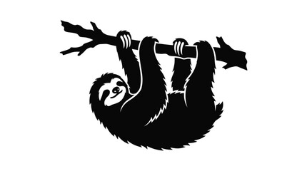 Hanging sloth clinging to a branch black and white silhouette mammal animal © Morsheda