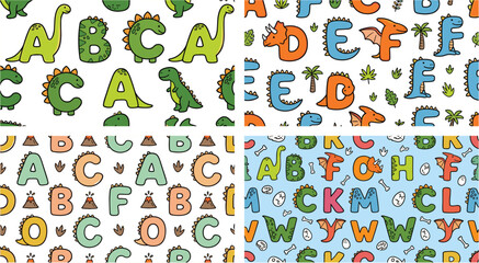 Cute Dinosaur Alphabet Seamless Pattern Set with Cartoon Dino Letters Volcanoes Eggs and Footprints for Kids Nursery Wallpaper Fabric and Textile Designs © MdPasir