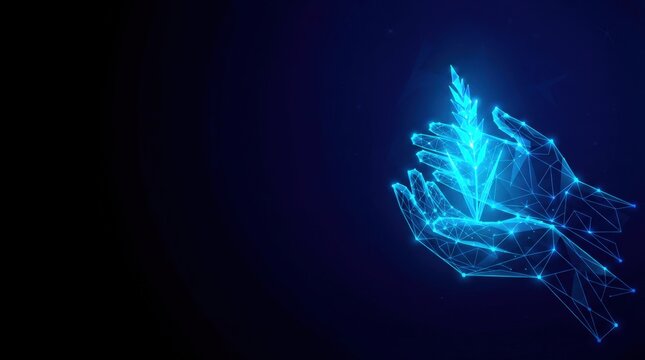 Futuristic glowing blue wireframe hands holding digital holographic structure in cybernetic plexus style, representing artificial intelligence and futuristic technology on dark gradient background