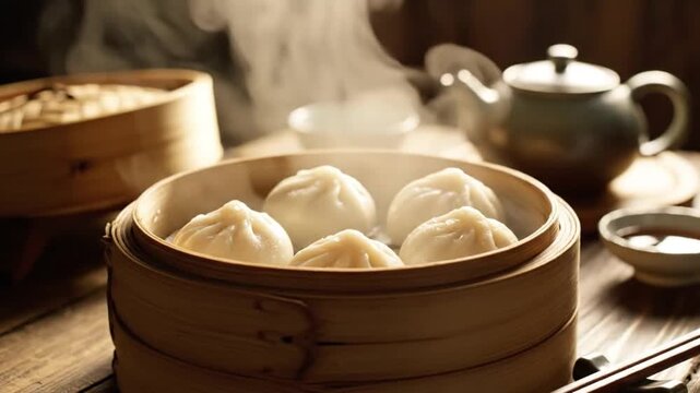 Steaming Fresh Dumplings in Traditional Bamboo Steamer Basket Asian Dim Sum Cuisine Close Up
