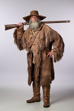 Full-length studio portrait of a Canadian frontiersman / fur trapper wearing a wide-brimmed hat