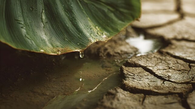 large leaf dripping a water drop into muddy puddle on cracked ground