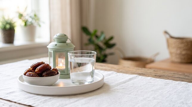 Dates And Water On Tray - Traditional Ramadan Iftar Tray with Sweet Dates Fruit and Glass of Water