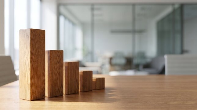 Wooden blocks arranged as a descending bar chart on a wooden table in an office