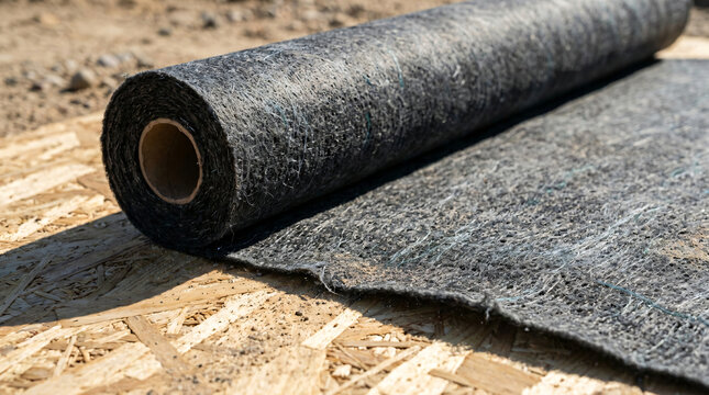 Close up shot of a thick dark gray geotextile fabric roll unrolled across an oriented strand board on a construction site during a sunny day, highlighting material texture and commercial building