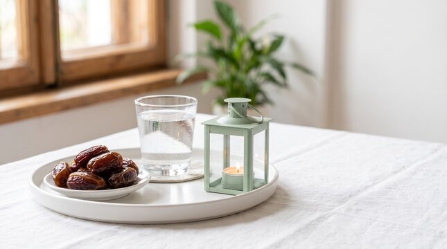 Tray With Dates And Water - Traditional Ramadan Iftar Tray with Sweet Dates Fruit and Glass of Water