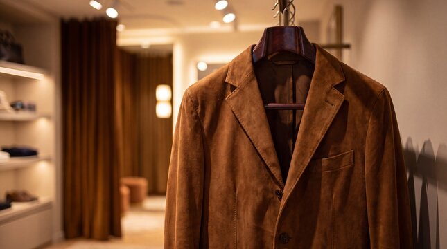 Luxury Suede Blazer Hanging on Wooden Hanger for Fashion Apparel