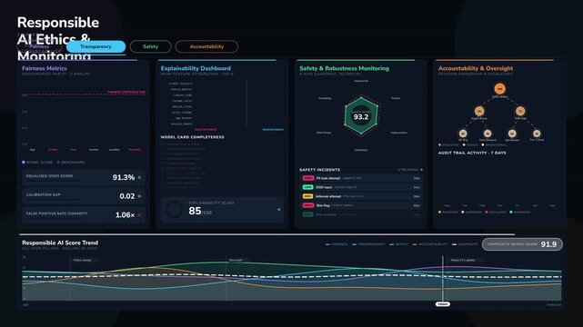 Explore the Responsible AI Monitoring Dashboard showcasing Fairness, Transparency, Safety, and Accountability metrics in a clean, dark-themed, animated visual interface.